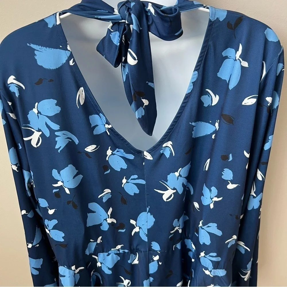 Eloquii Boho Tie Neck L/S Top Keyhole Back Cut Out Stretch Blue Floral 20 - Picture 6 of 10